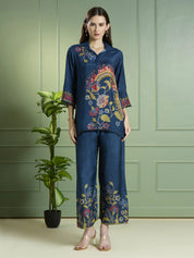 Navy Blue Paisley & Floral Printed Co-ord Set in Viscose Muslin