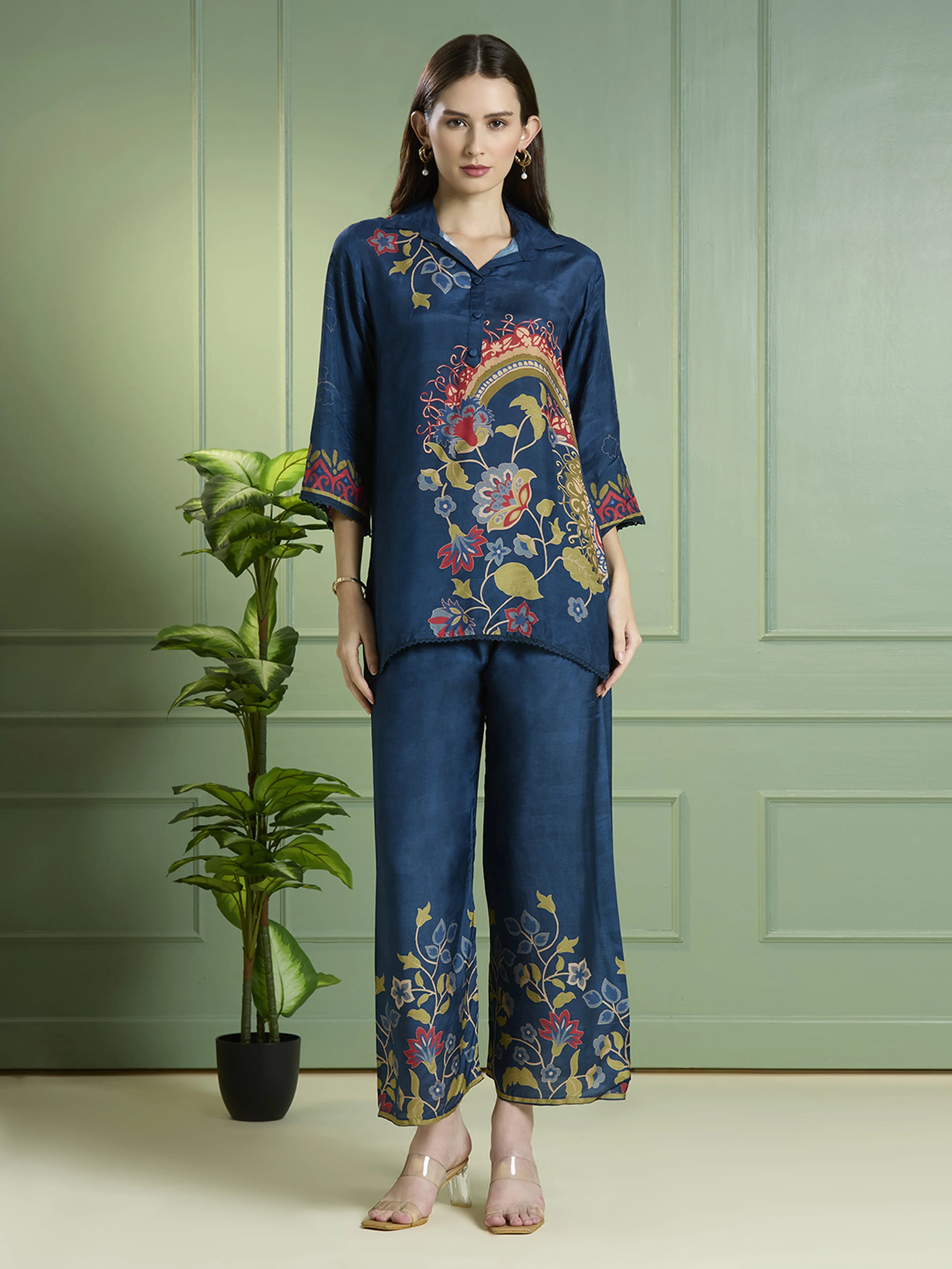 Navy Blue Paisley & Floral Printed Co-ord Set in Viscose Muslin