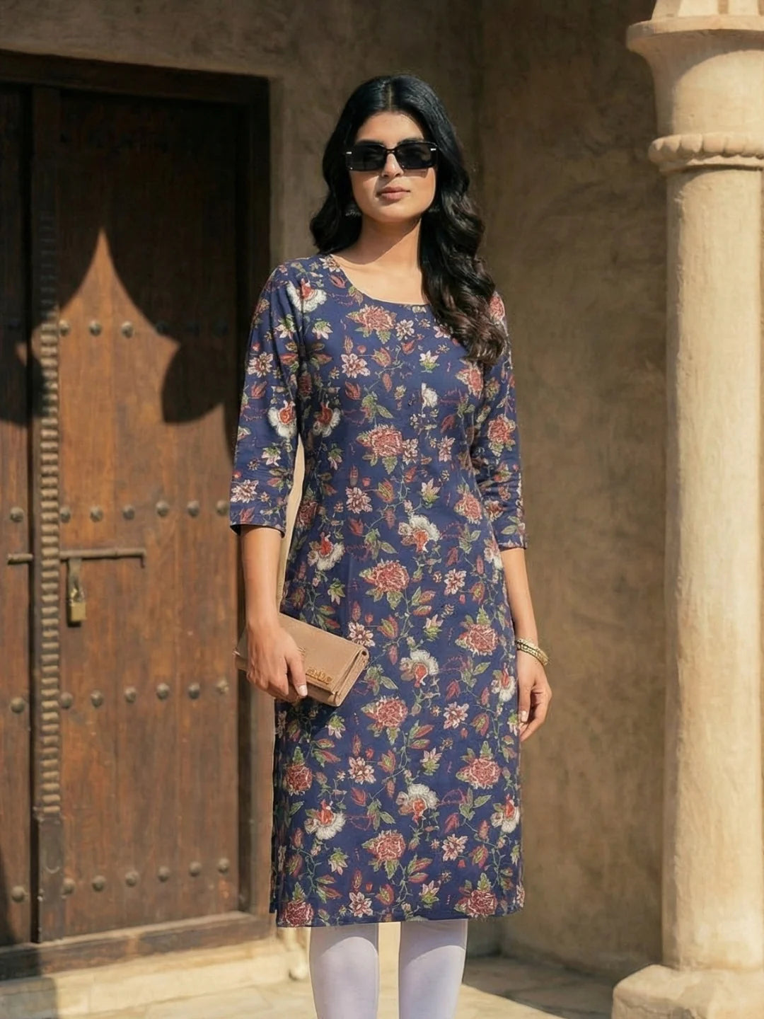 Kalamkari Print Navy Blue Cotton Kurta