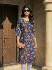 Kalamkari Print Navy Blue Cotton Kurta
