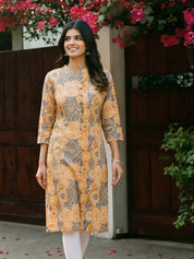 Yellow & Grey Block Print Cotton Kurta