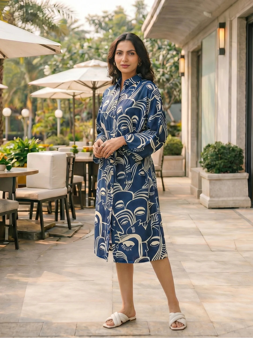 Navy Blue Abstract  Printed Bold Flower Russian Silk Midi Dress