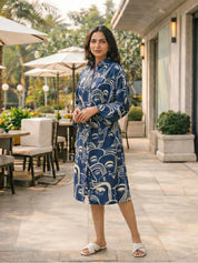 Navy Blue Abstract  Printed Bold Flower Russian Silk Midi Dress