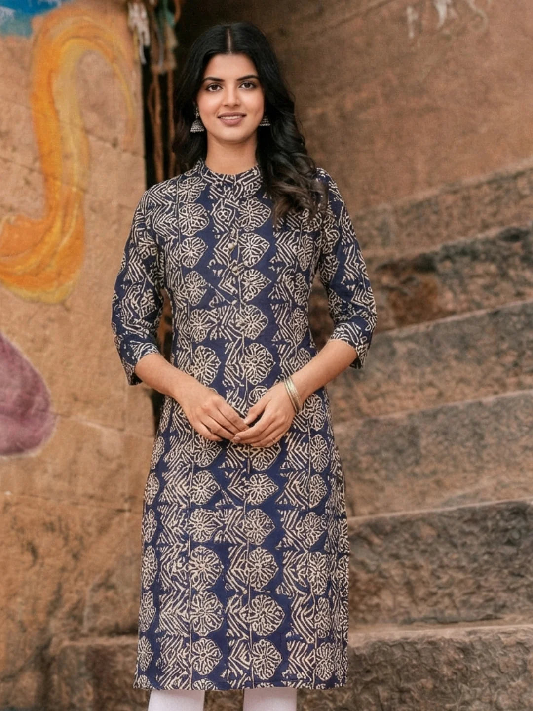 Deep Blue Leafy Block Print Cotton Kurta