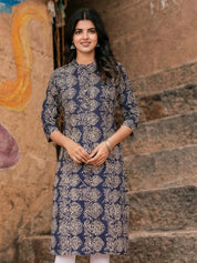 Deep Blue Leafy Block Print Cotton Kurta