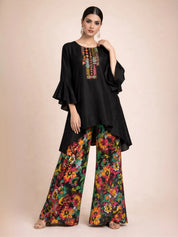 Black Asymmetrical Embroidered Kurti & Floral Palazzo Co-ord Set