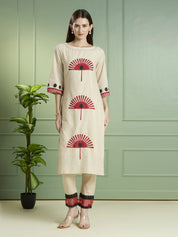 Beige Embroidered Motif Kurta Set in Cotton