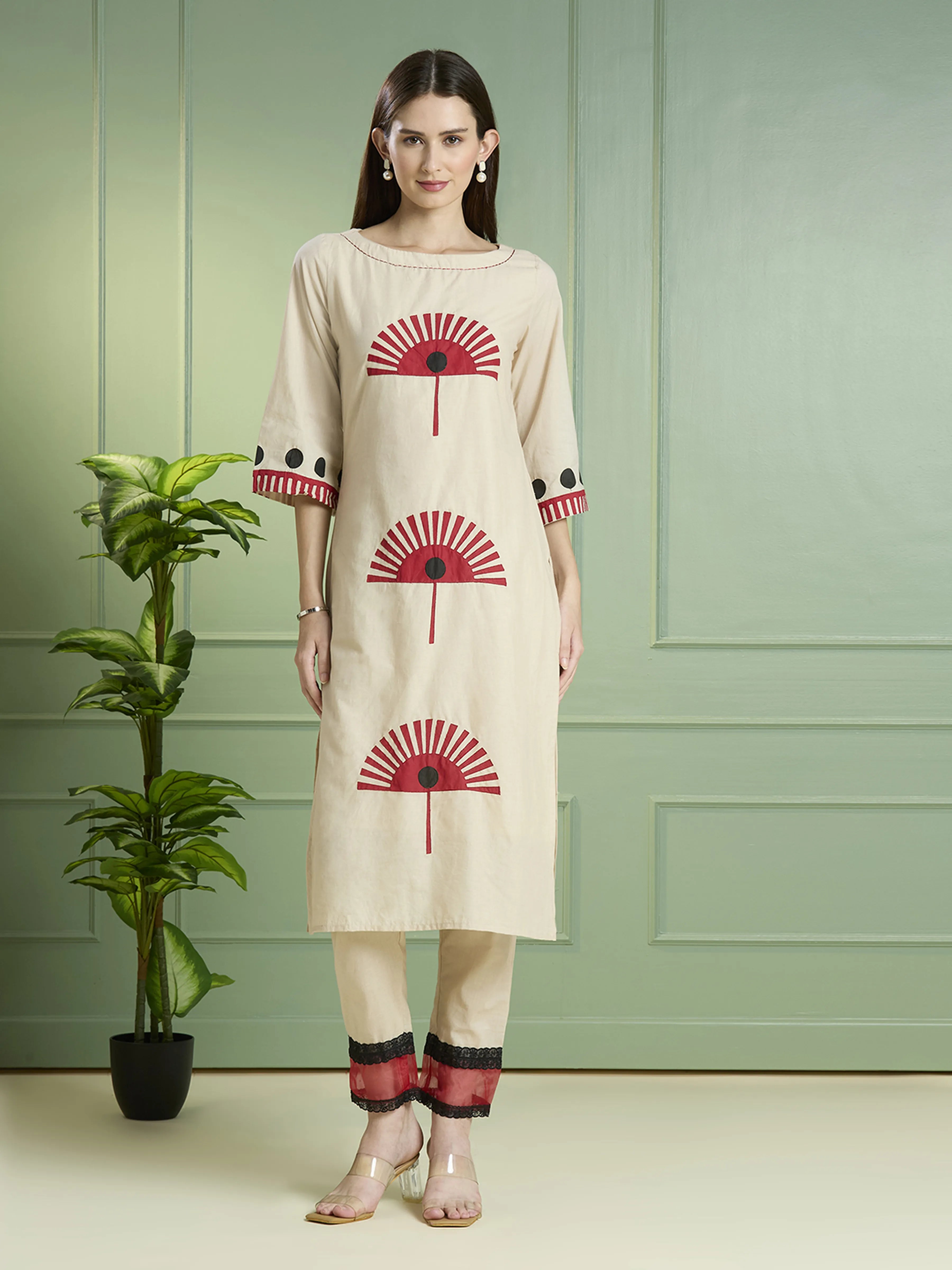 Beige Embroidered Motif Kurta Set in Cotton