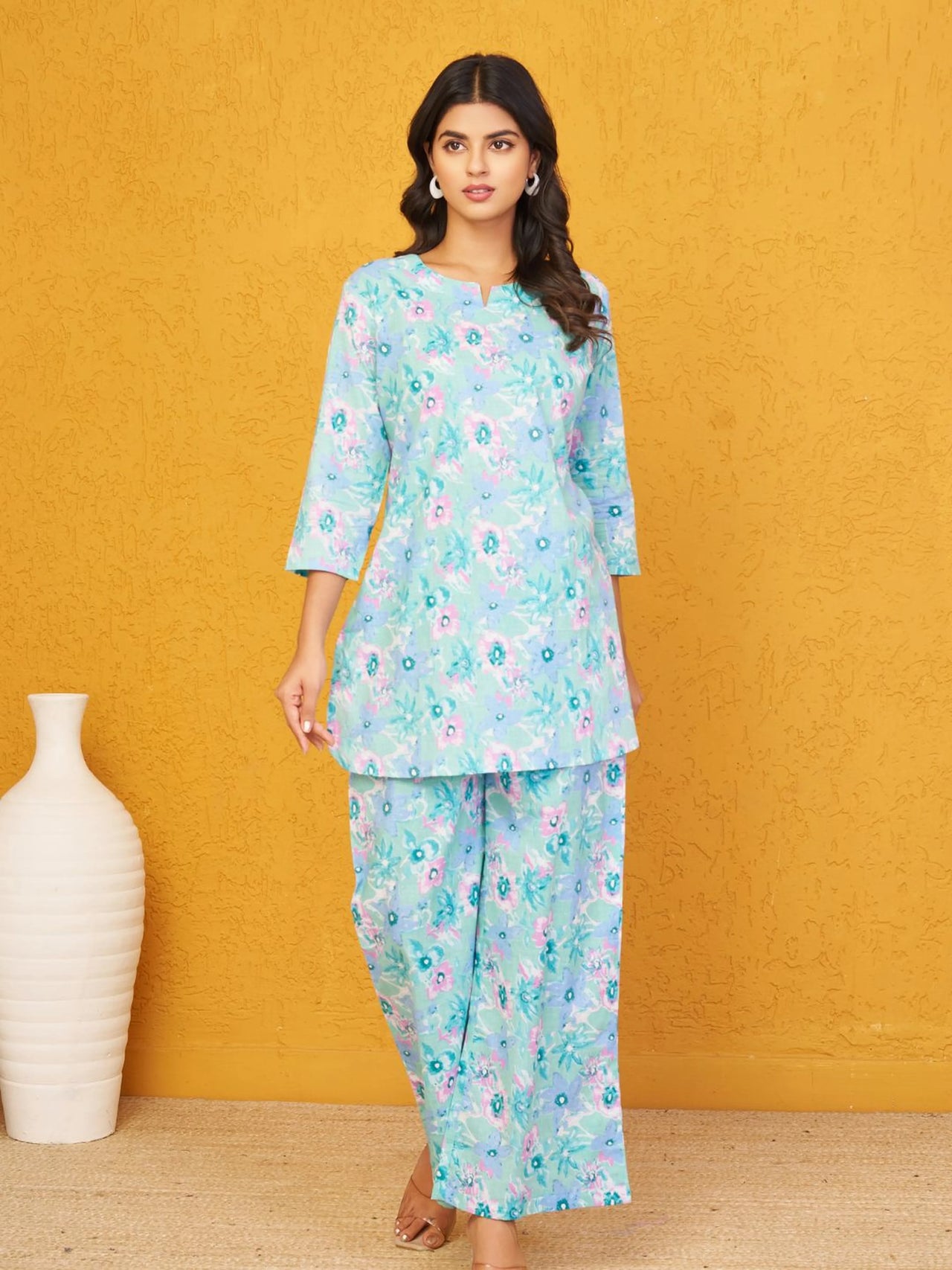 Seafoam Pearl Floral Cotton Loungewear Co Ord Set for Summer