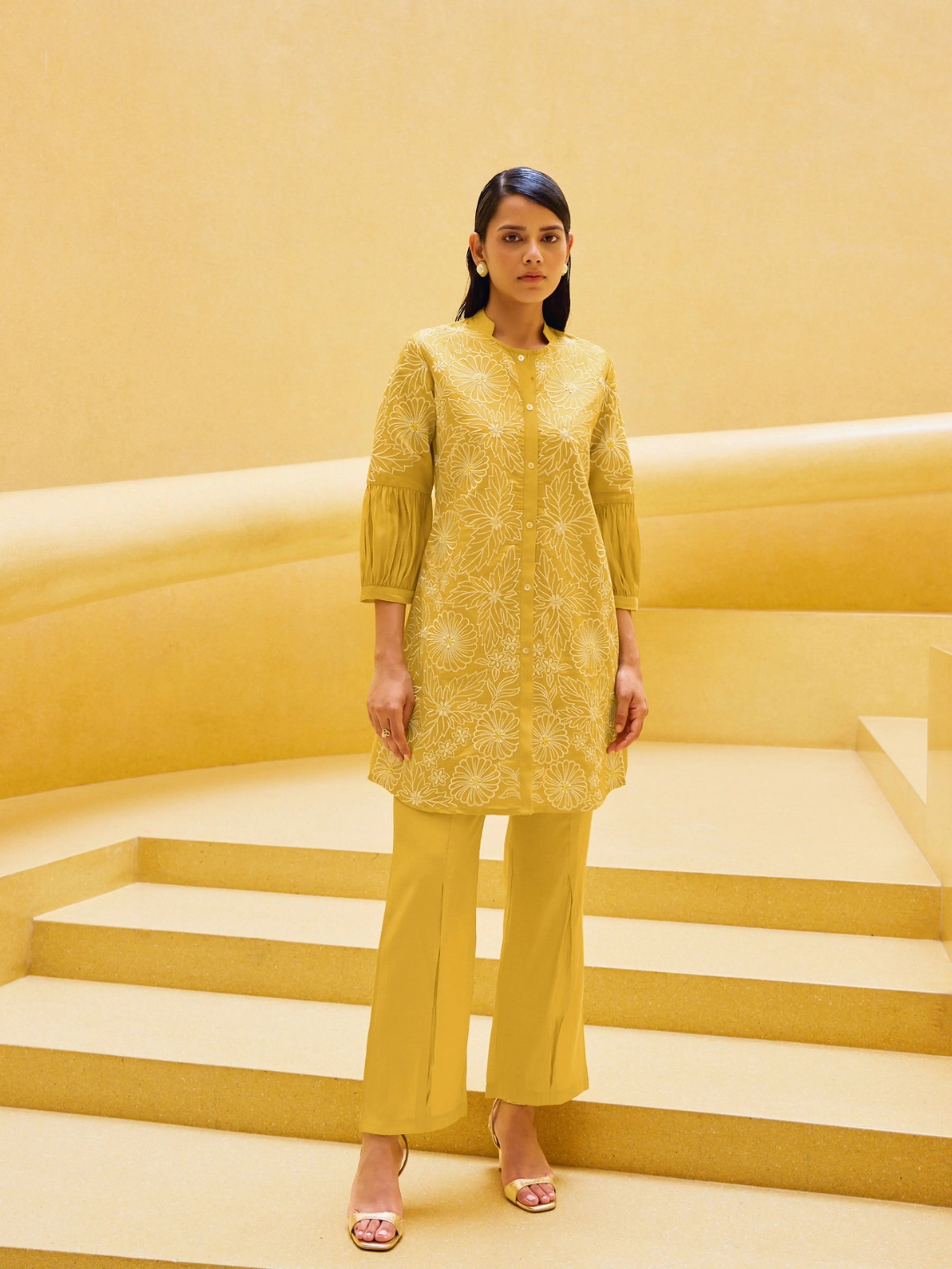 Yellow Embroidered Viscose Tunic With Flared Pant
