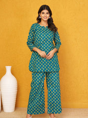 Green Floral Co-ord Set in Cotton Cambric