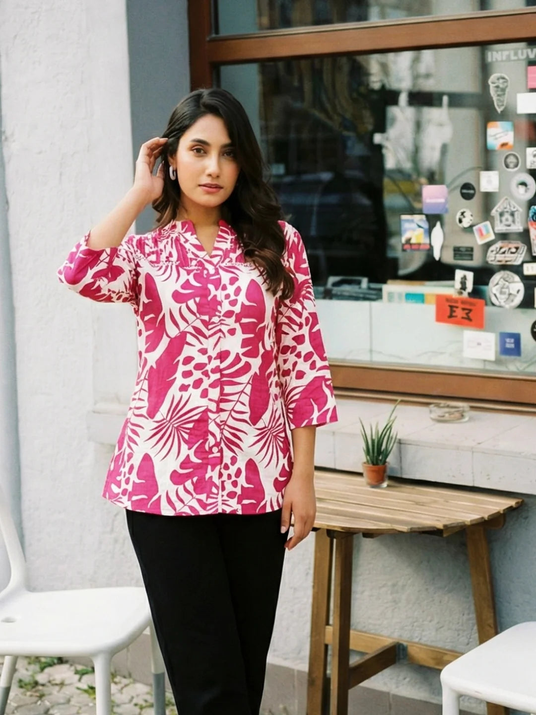 Magenta Leaf Print Pintuck Kurti