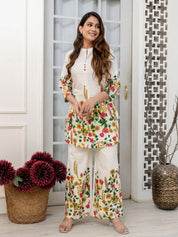 Cream Mandarin-Neck Kurta & Wide-Leg Floral Co-ord Set in Cotton Flex
