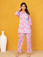 Plum Base Multi Color Floral Shirt Collar Cotton Cambric Co-ord Set