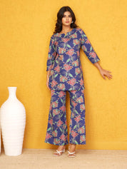Navy Blue Floral Co-ord Set in Cotton Cambric