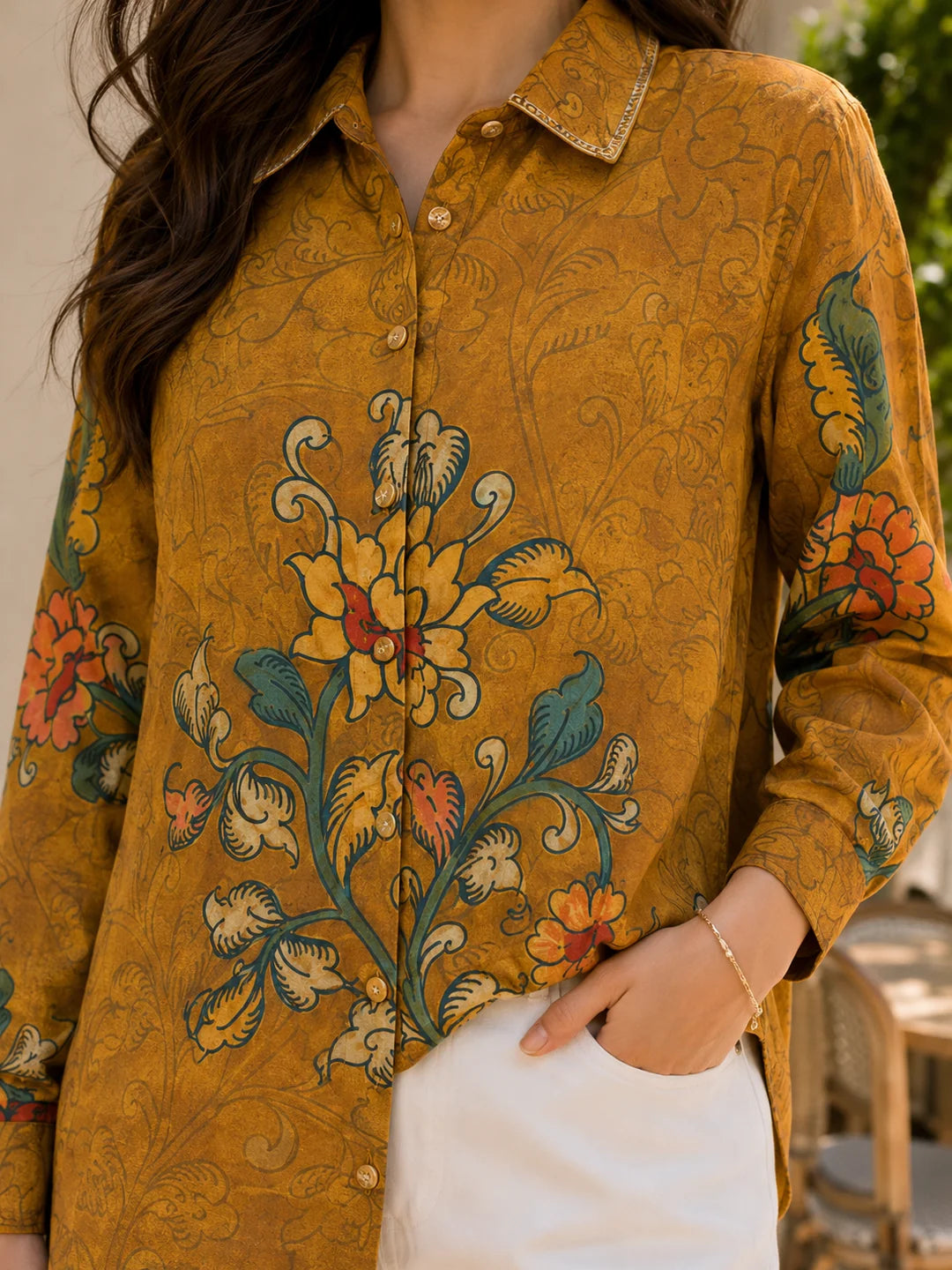 Mustard Kalamkari Printed Muslin Shirt