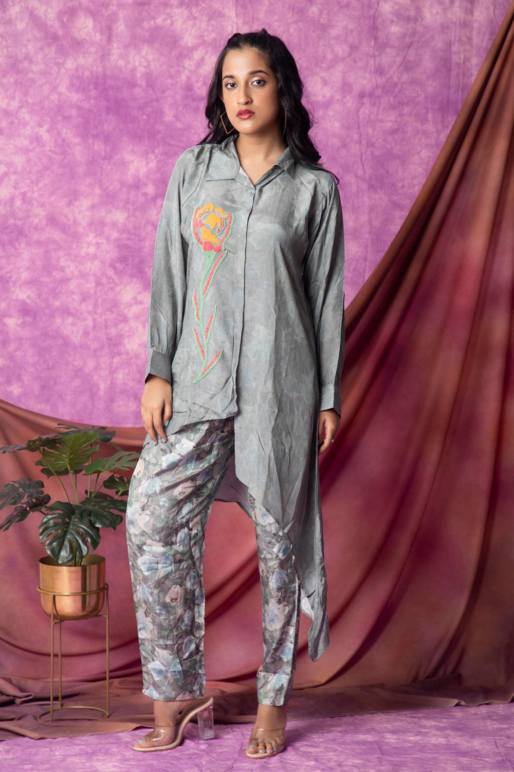 Grey Embroidered Muslin Co-Ord Set - Kaftanize