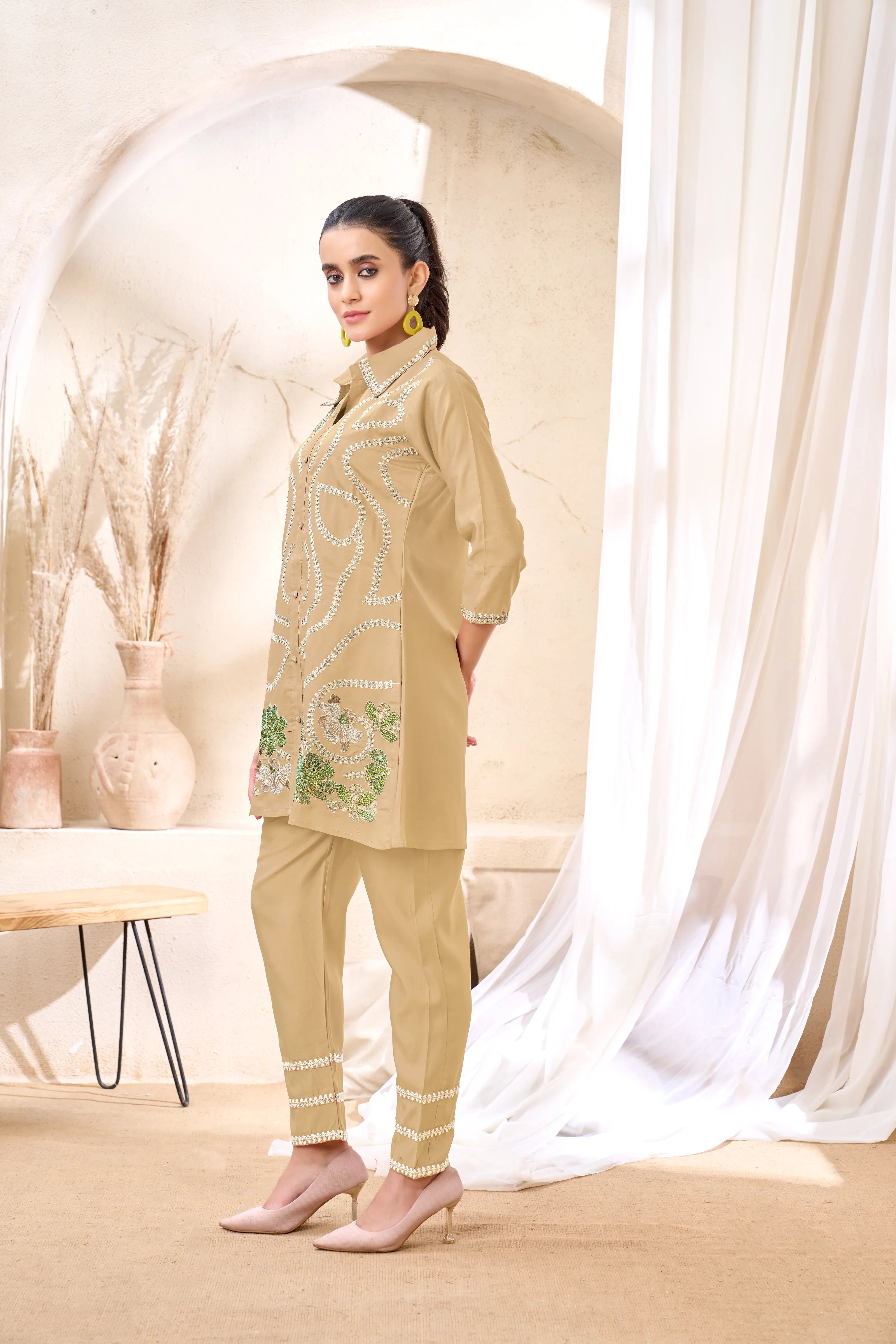 Embroidered Beige Co-Ord Set