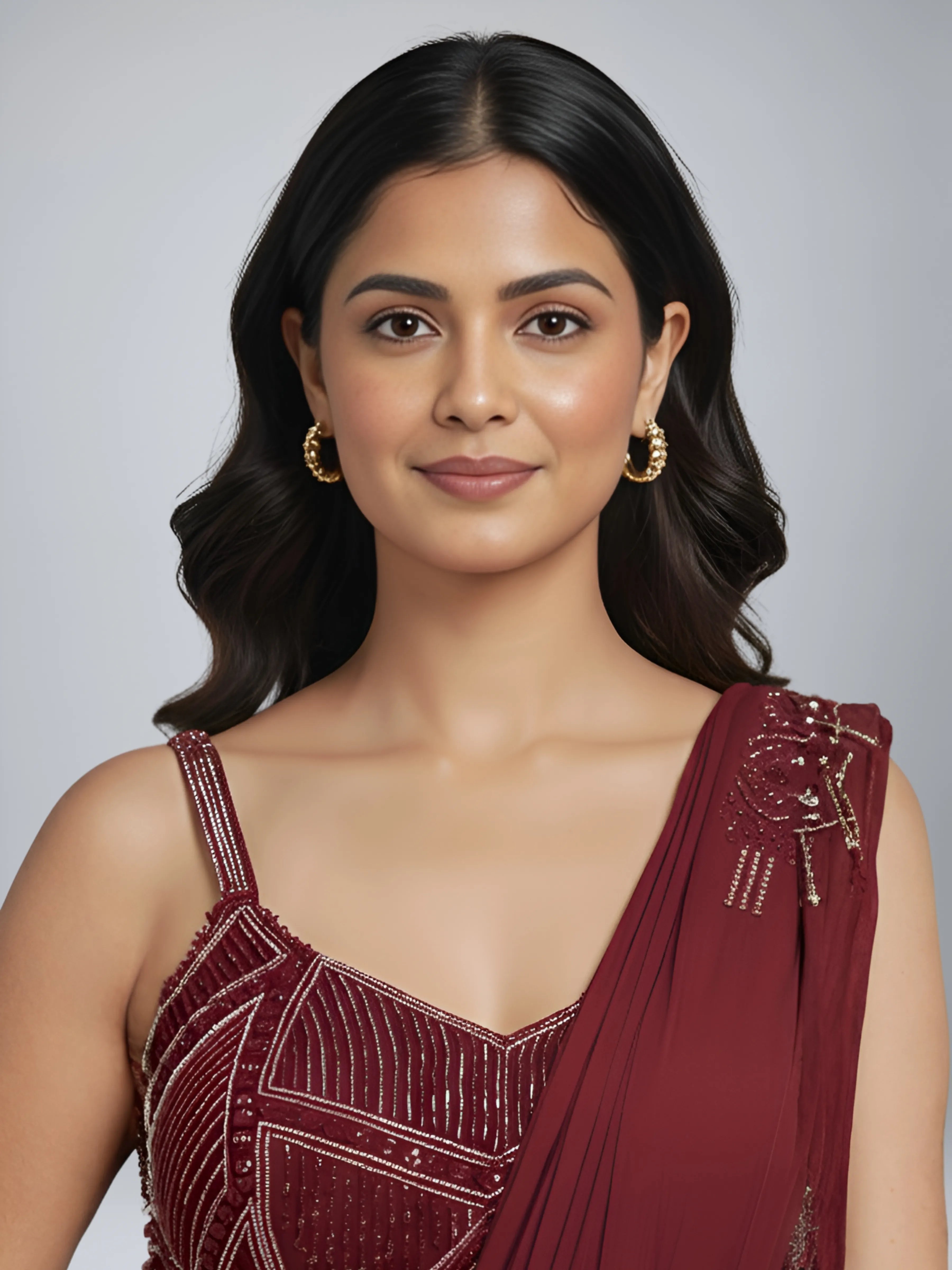 Maroon Embellished Two-Piece Chinon Pre Draped Saree Set