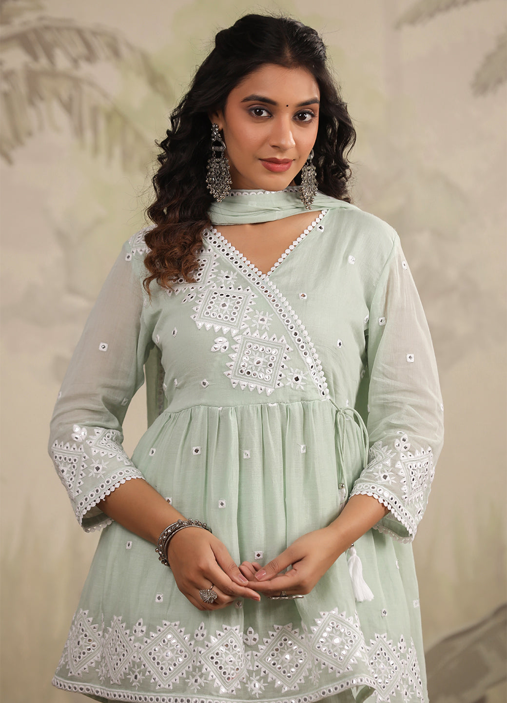 Pastel and Bling Sage Green Ethnic Sharara Set With Dupatta