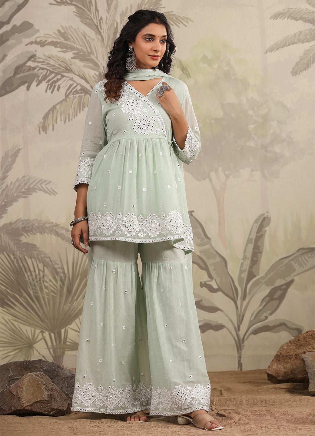 Pastel and Bling Sage Green Ethnic Sharara Set With Dupatta