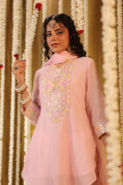 Pastel and Bling Pink Short Kurta Ethnic Set With Dupatta