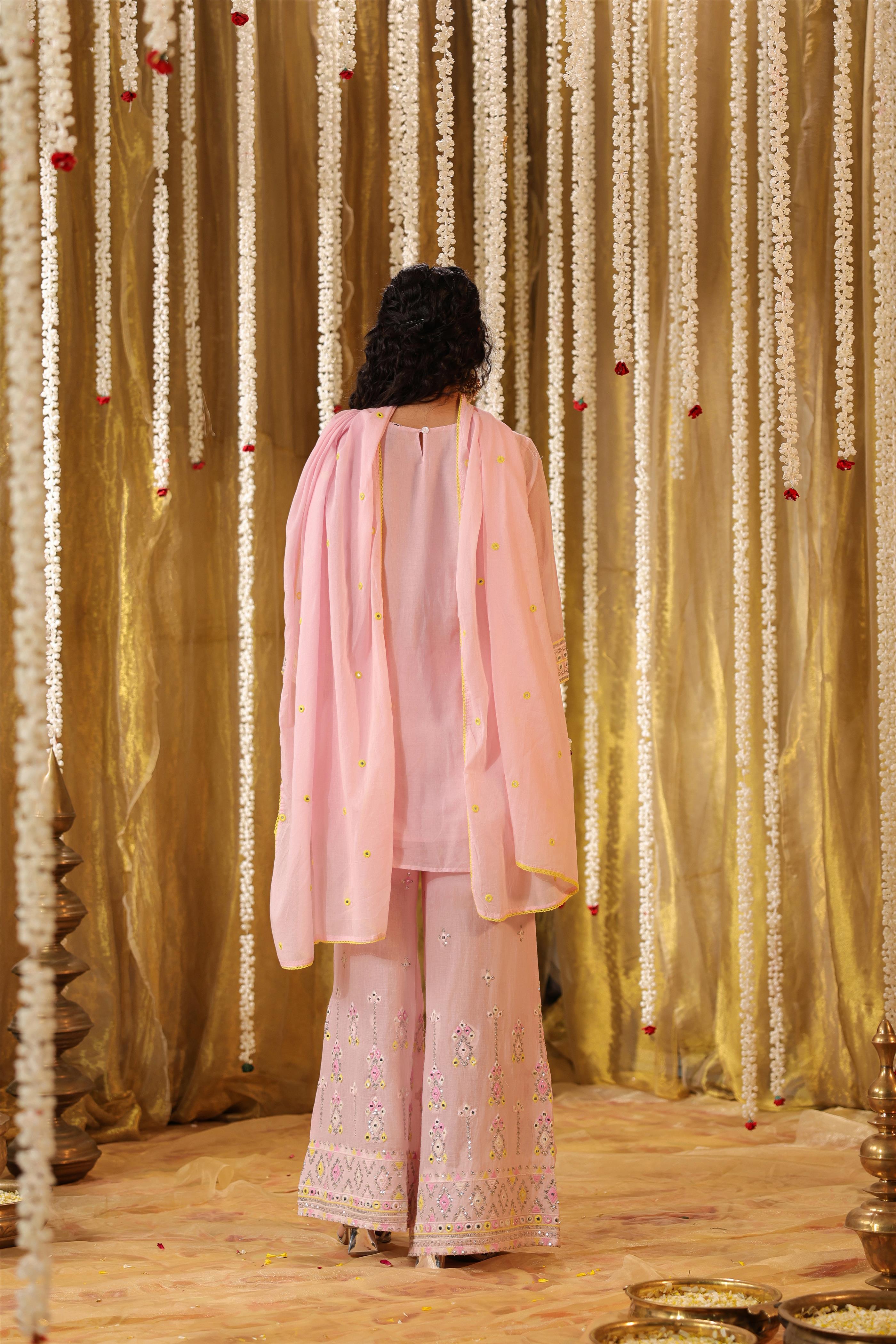 Pastel and Bling Pink Short Kurta Ethnic Set With Dupatta