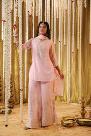 Pastel and Bling Pink Short Kurta Ethnic Set With Dupatta