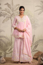 Pastel and Bling Pink Sharara Ethnic Set With Dupatta