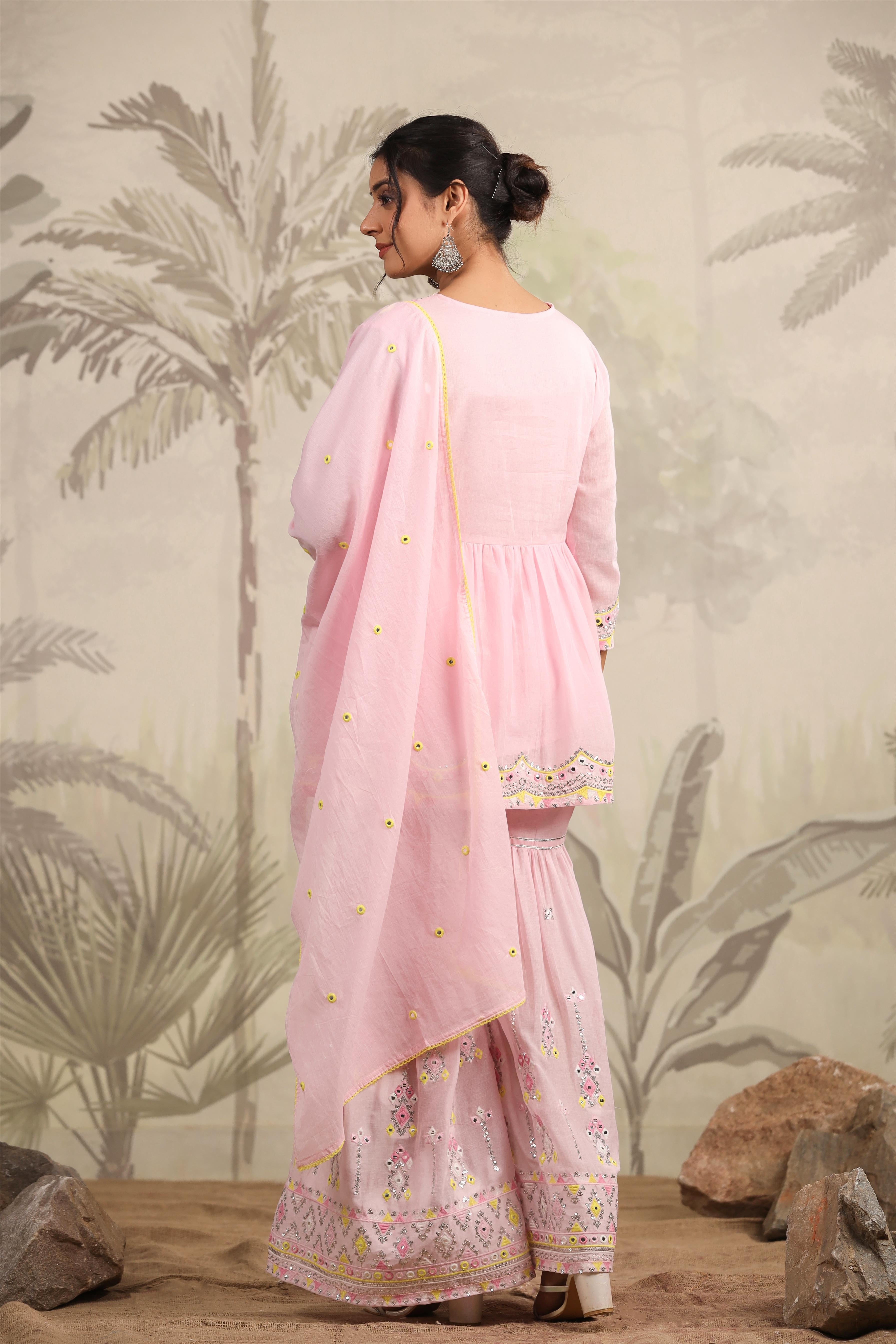 Pastel and Bling Pink Sharara Ethnic Set With Dupatta