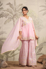 Pastel and Bling Pink Sharara Ethnic Set With Dupatta