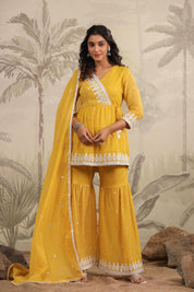 Pastel And Bling Yellow Sharara Ethnic Set With Dupatta