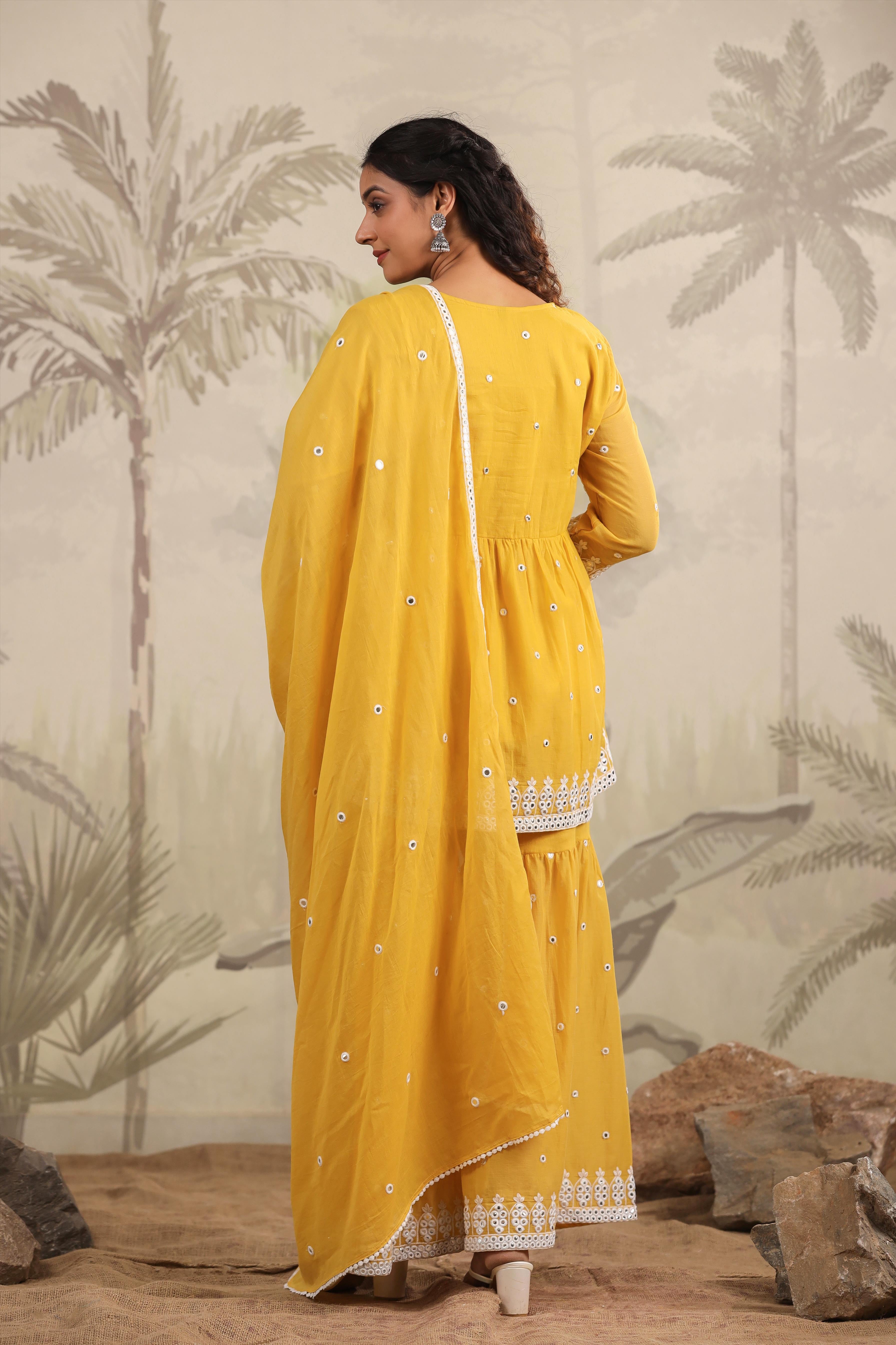 Pastel And Bling Yellow Sharara Ethnic Set With Dupatta