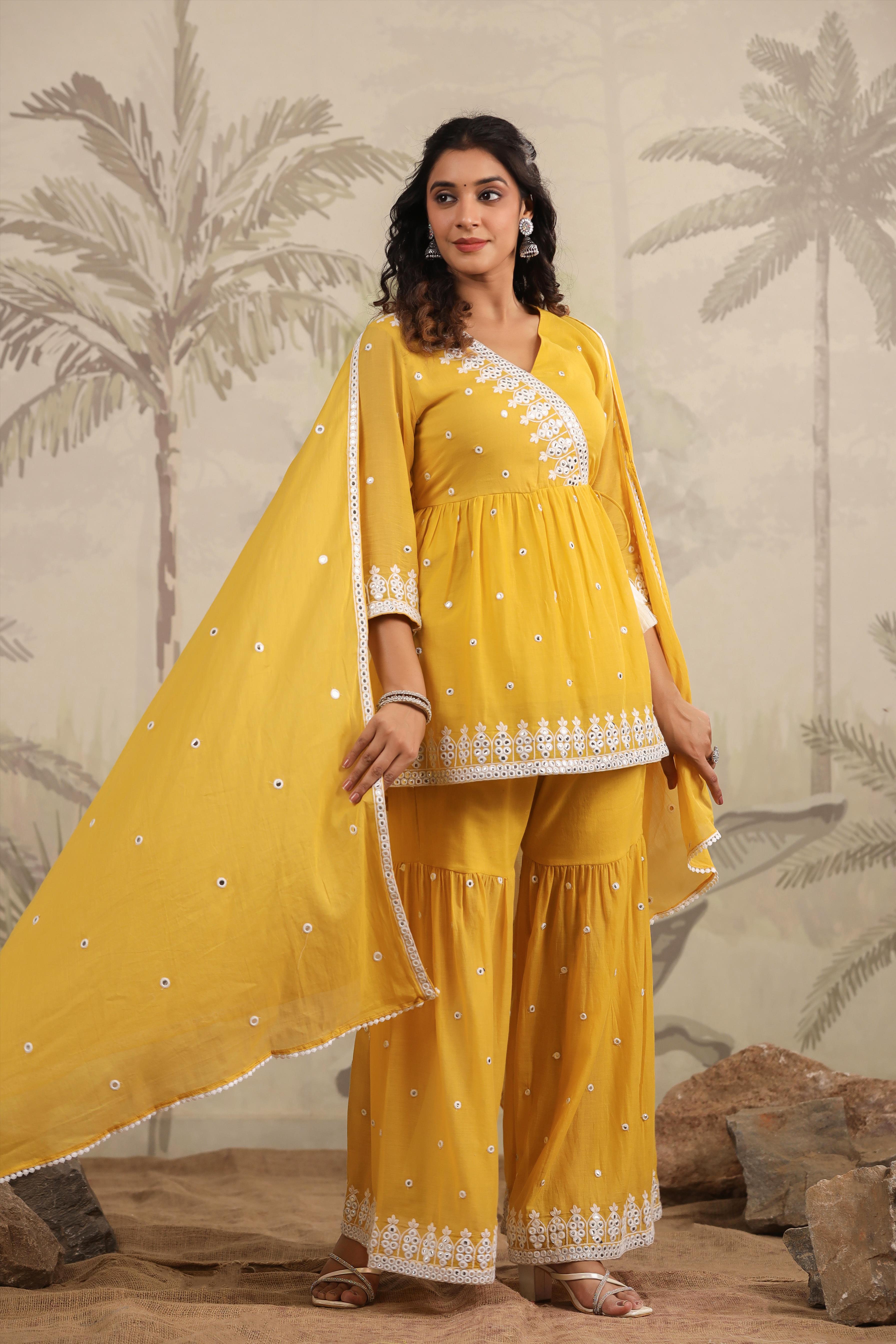 Pastel And Bling Yellow Sharara Ethnic Set With Dupatta