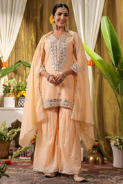 Pastel and Bling Peach Ethnic Sharara Set With Dupatta