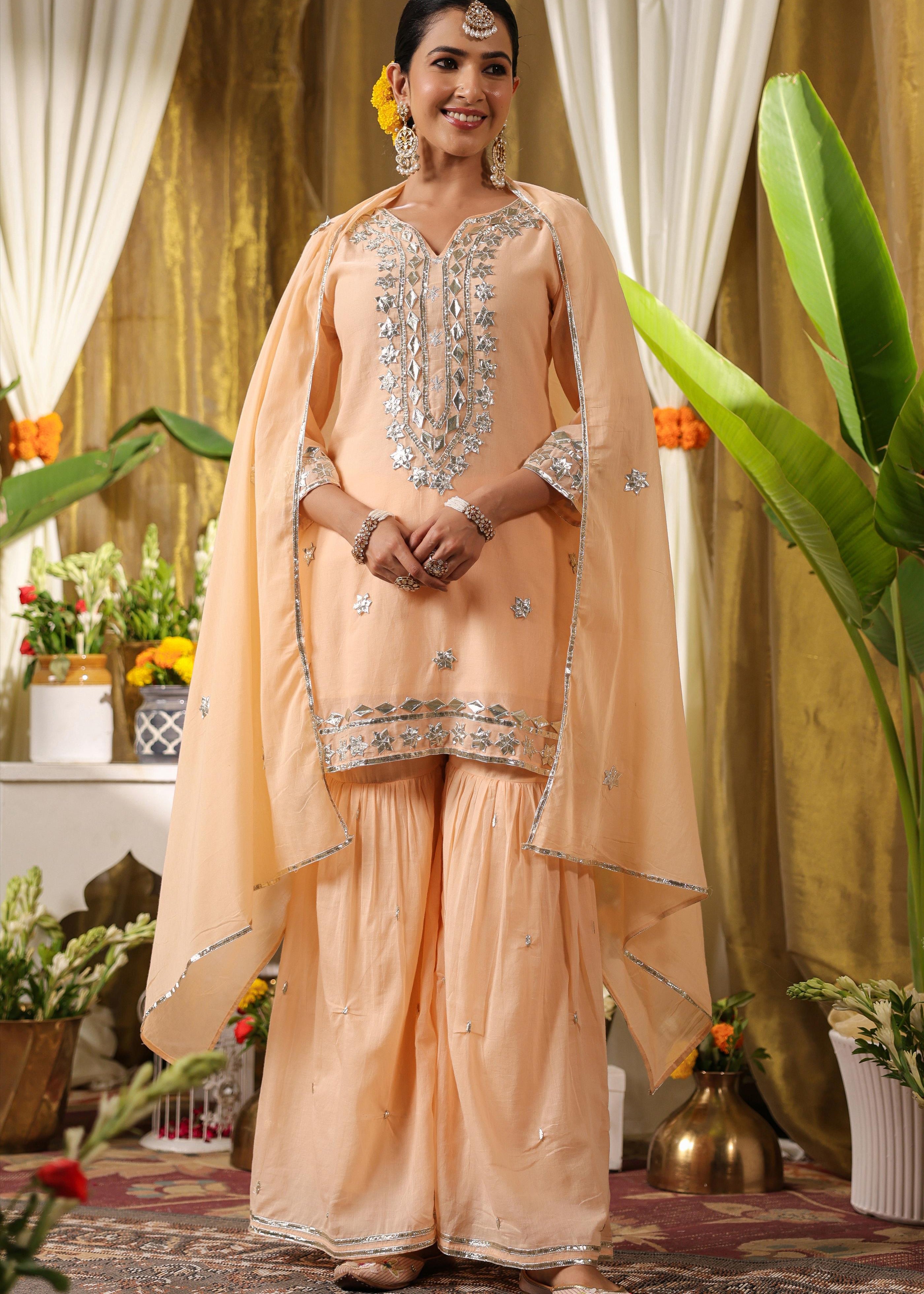 Pastel and Bling Peach Ethnic Sharara Set With Dupatta