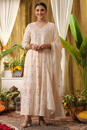 Pastel And Bling Champagne Long Kurta Ethnic Set With Dupatta