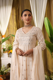 Pastel And Bling Champagne Long Kurta Ethnic Set With Dupatta