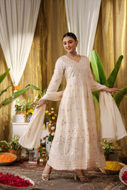 Pastel And Bling Champagne Long Kurta Ethnic Set With Dupatta