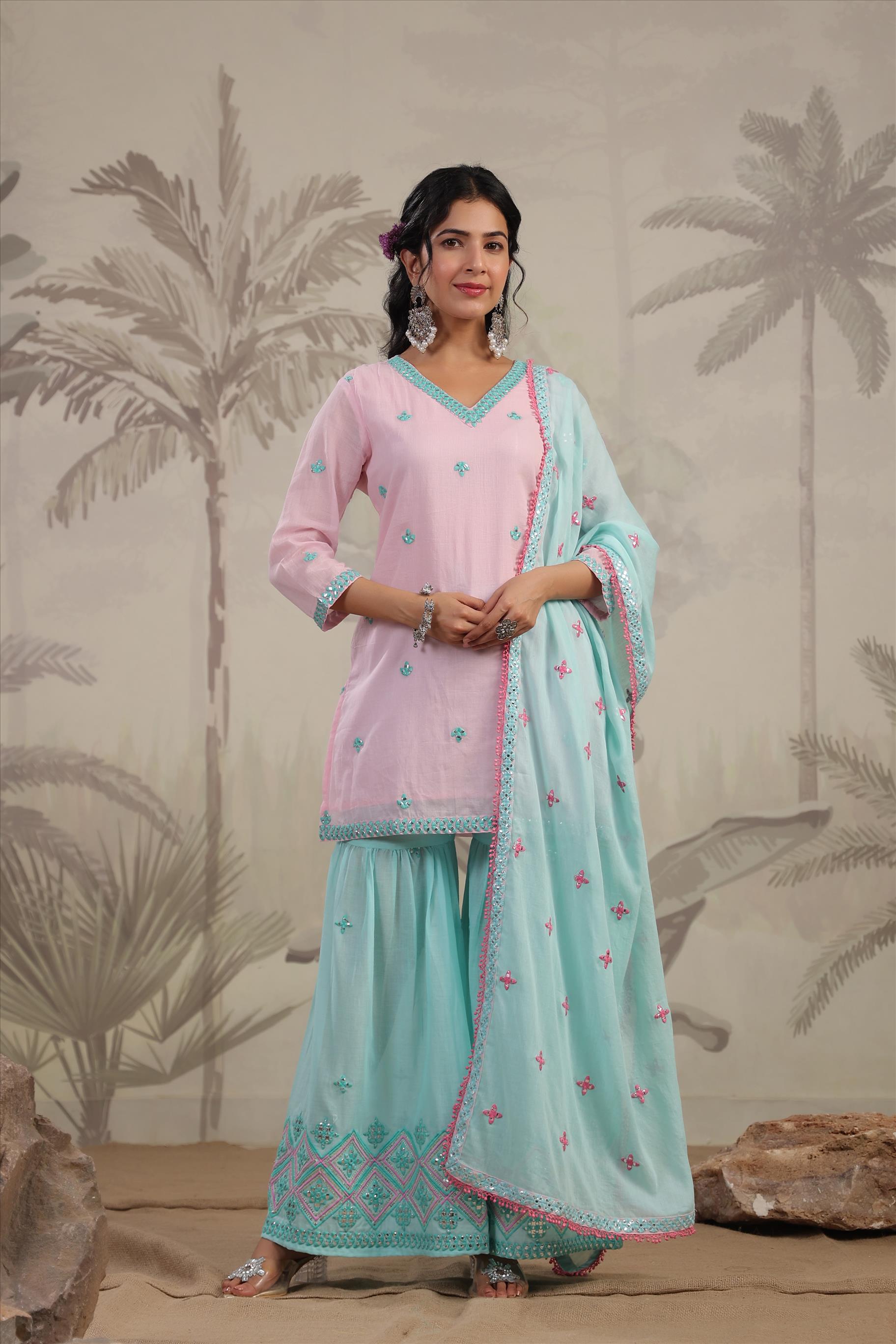 Pastel And Bling Pink Blue Sharara Ethnic Set With Dupatta