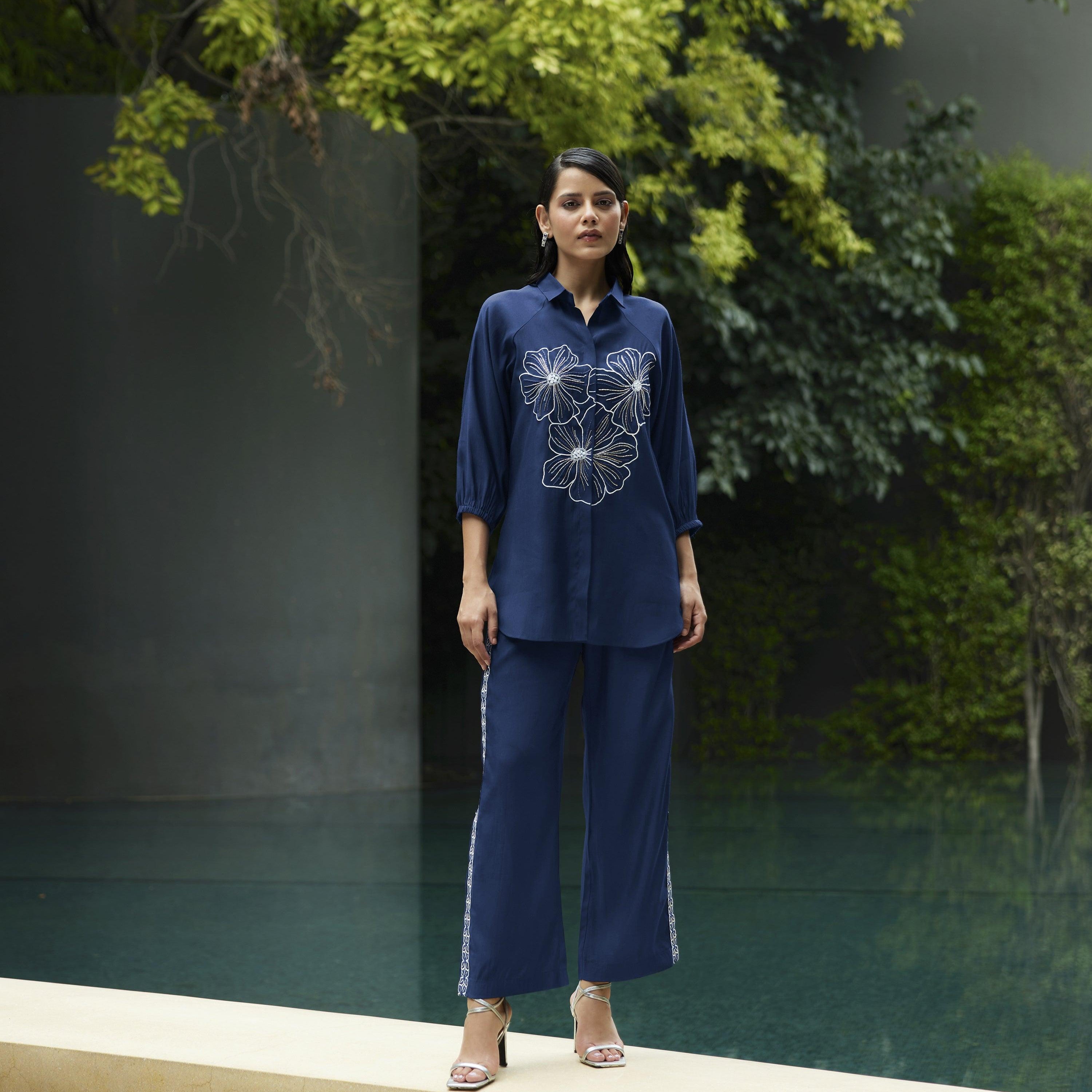 Navy Blue Embroidered Shirt With Pant - Kaftanize