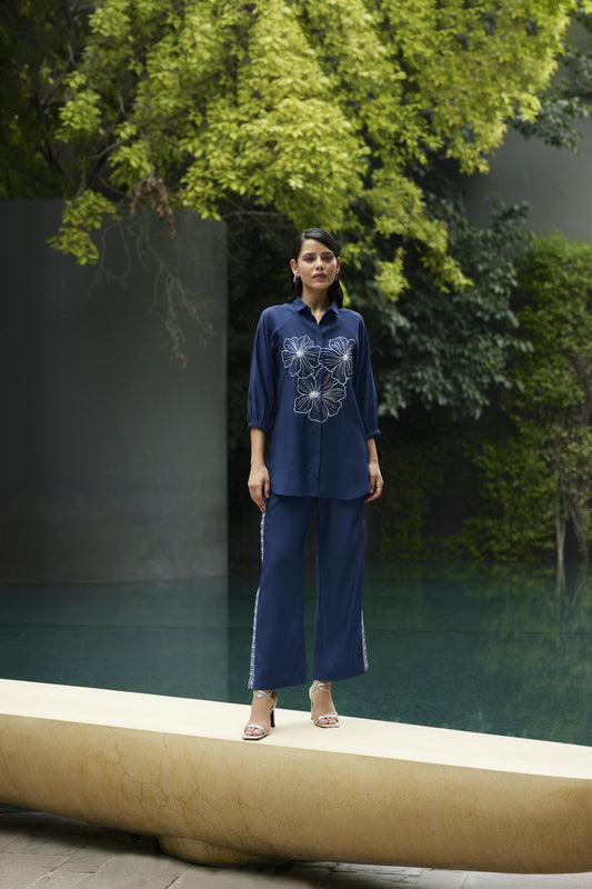 Deep Blue Embroidered Shirt With Pant