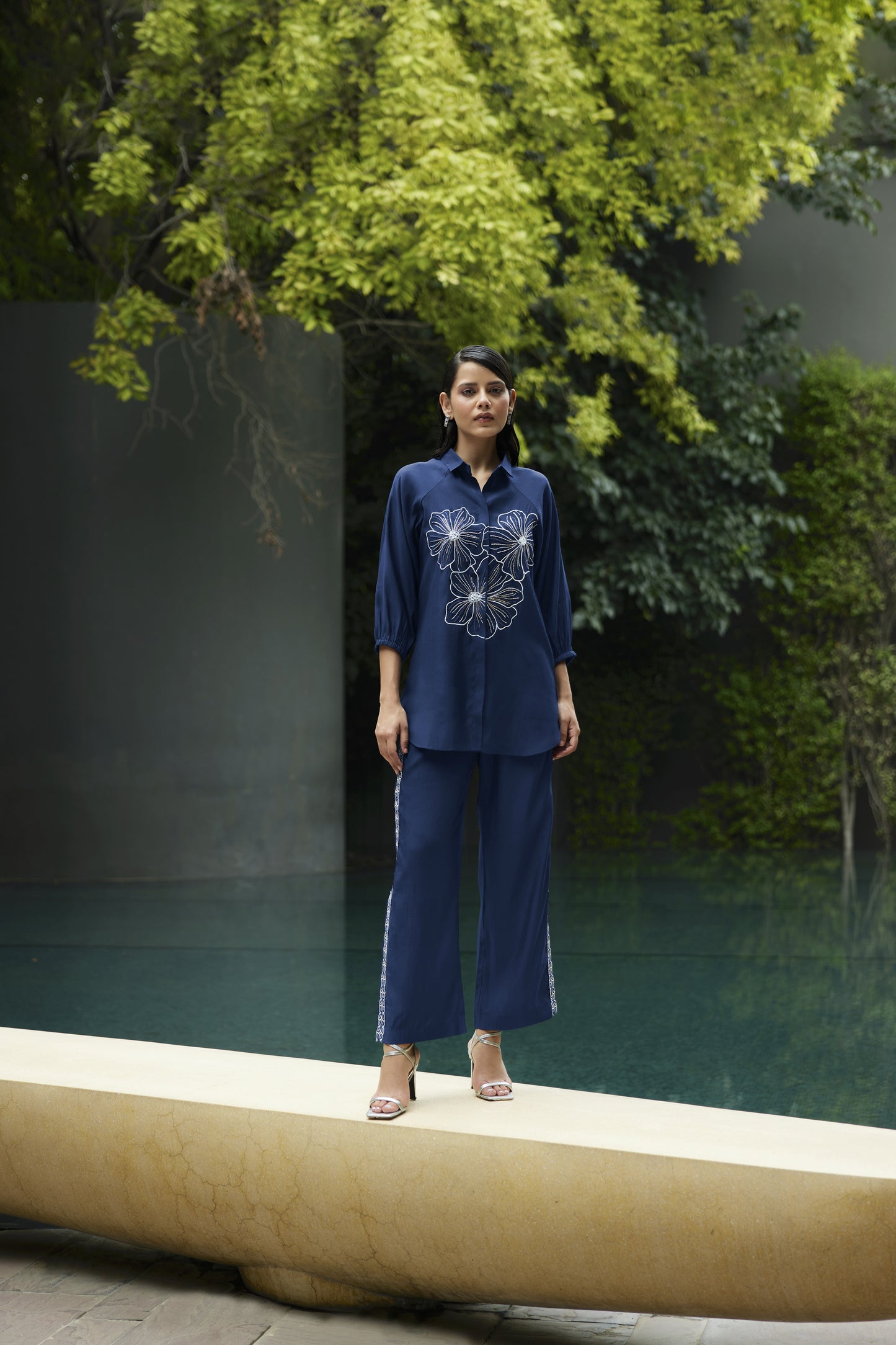 Navy Blue Embroidered Shirt With Pant