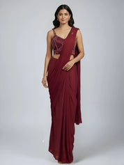 Maroon Embellished Two-Piece Chinon Pre Draped Saree Set