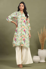 Off White Scenic Birds Printed Kurta With Flared Pants