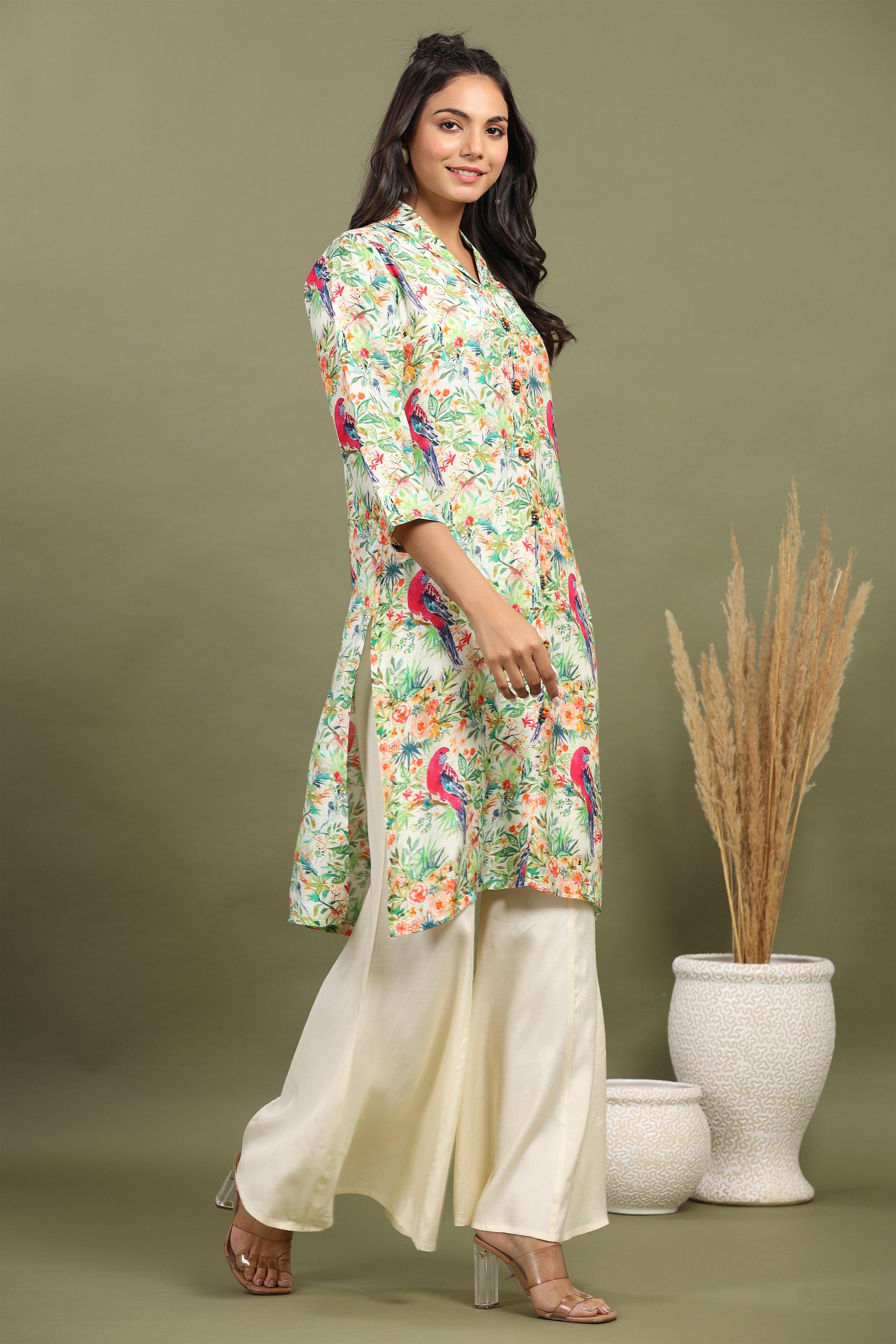 Off White Scenic Birds Printed Kurta With Flared Pants