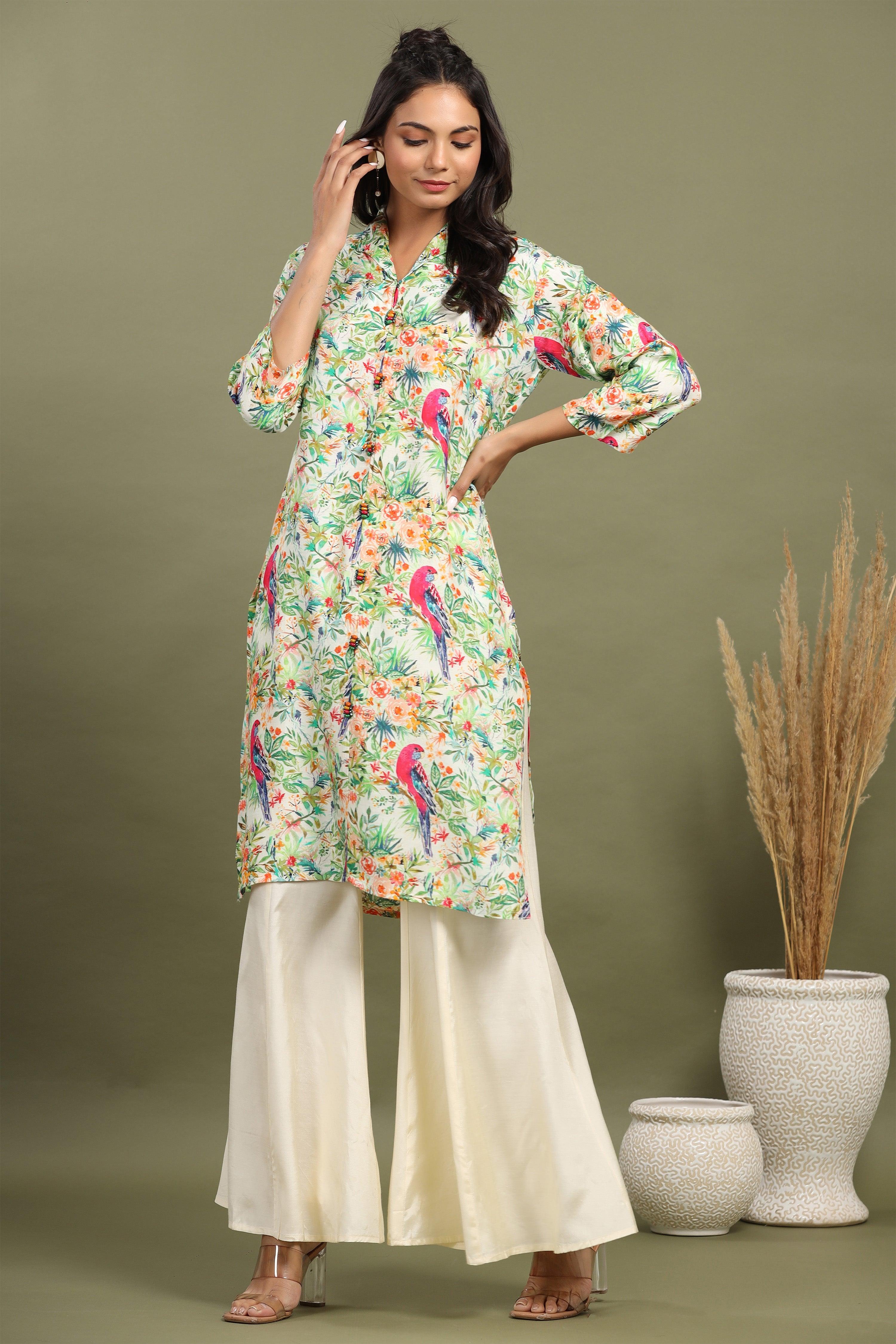 Off White Scenic Birds Printed Kurta With Flared Pants