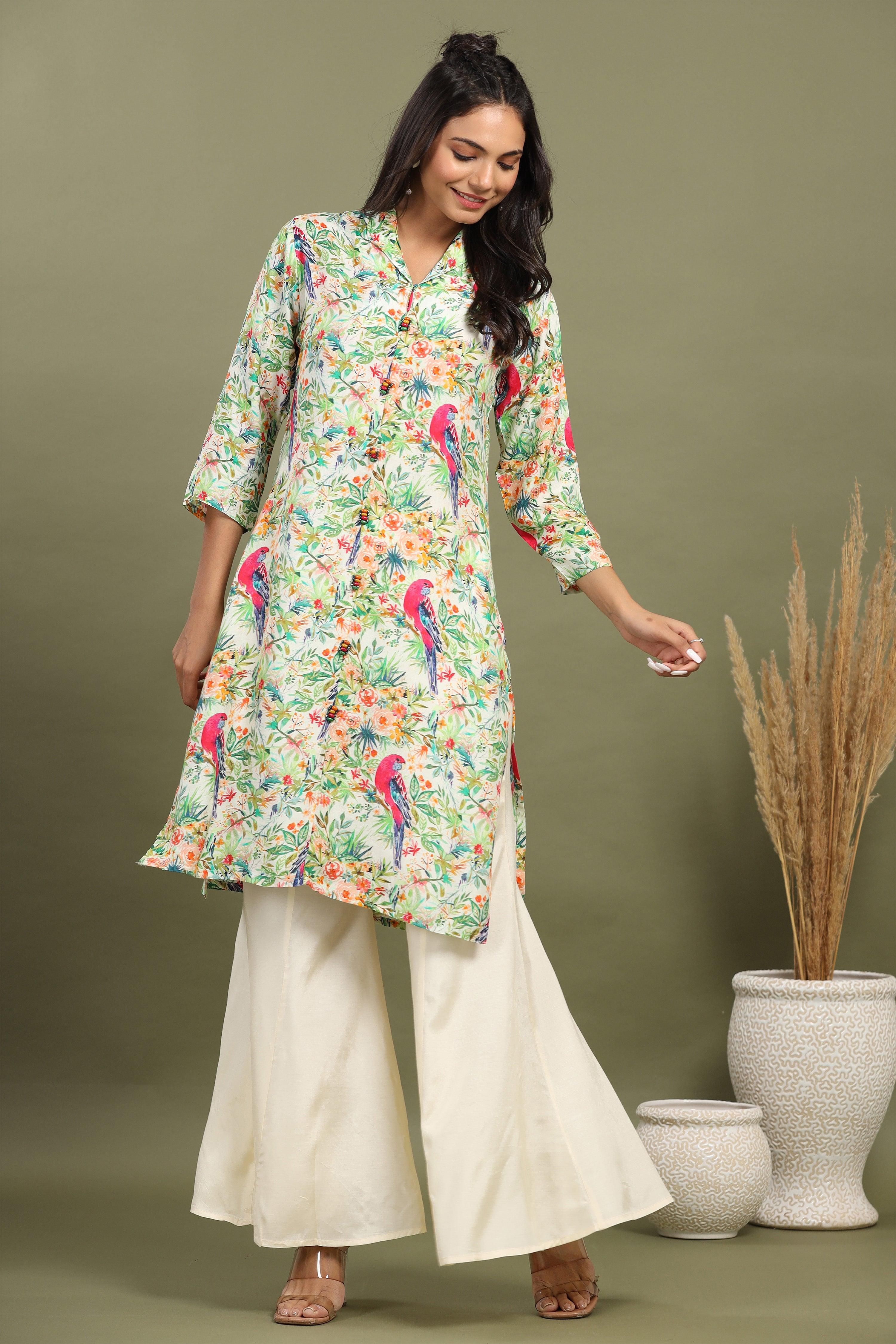 Off White Scenic Birds Printed Kurta With Flared Pants