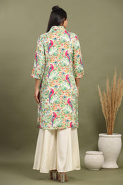 Off White Scenic Birds Printed Kurta With Flared Pants