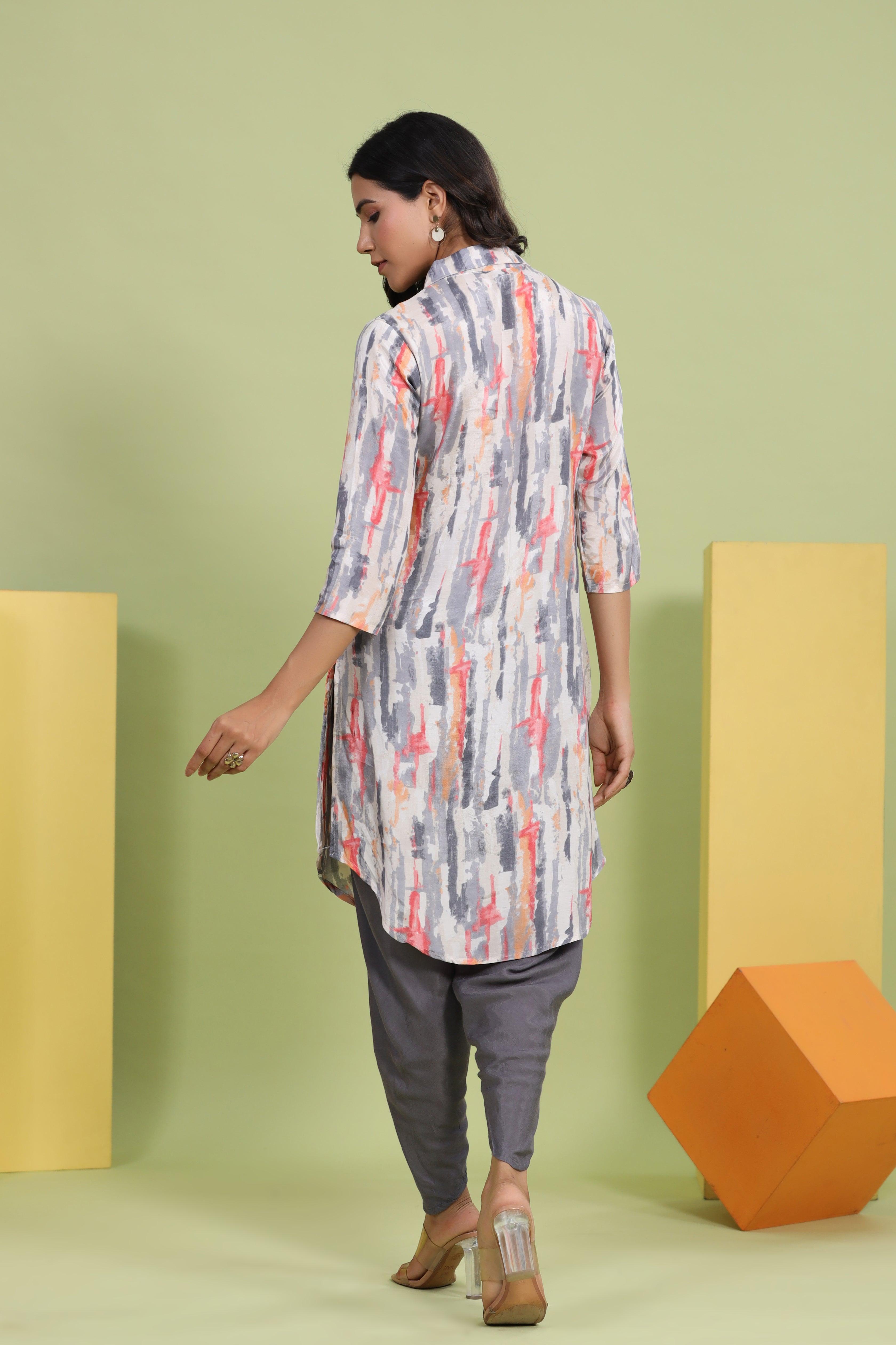 Grey Abstract Printed Shawl Collar Kurta With Embellished tulip dhoti pants